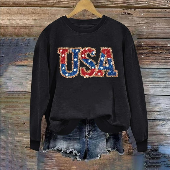 Sweatshirt for Women Long Sleeve Printed Round Neck Independence Day Casual Sweatshirts Black,Womens Tops