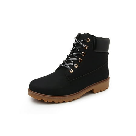 

Sanviglor Womens Mens Winter Boot Plush Lined Ankle Booties Lug Sole Combat Boots Daily Lightweight Comfort Shoes Non-slip Mid Calf Warm Bootie Black 10(M)