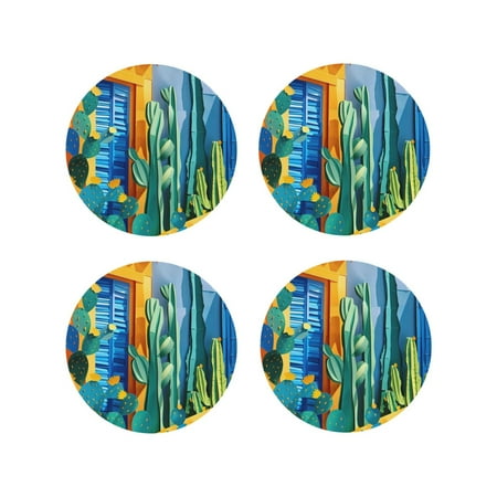 

Fuzoiu Bright Paper Cactus Scene Print Leather Coasters Set Drink Coasters Set of 4 for Tabletop Protection Durable PVC Coasters Home Décor and Housewarming Gift-Round Shape