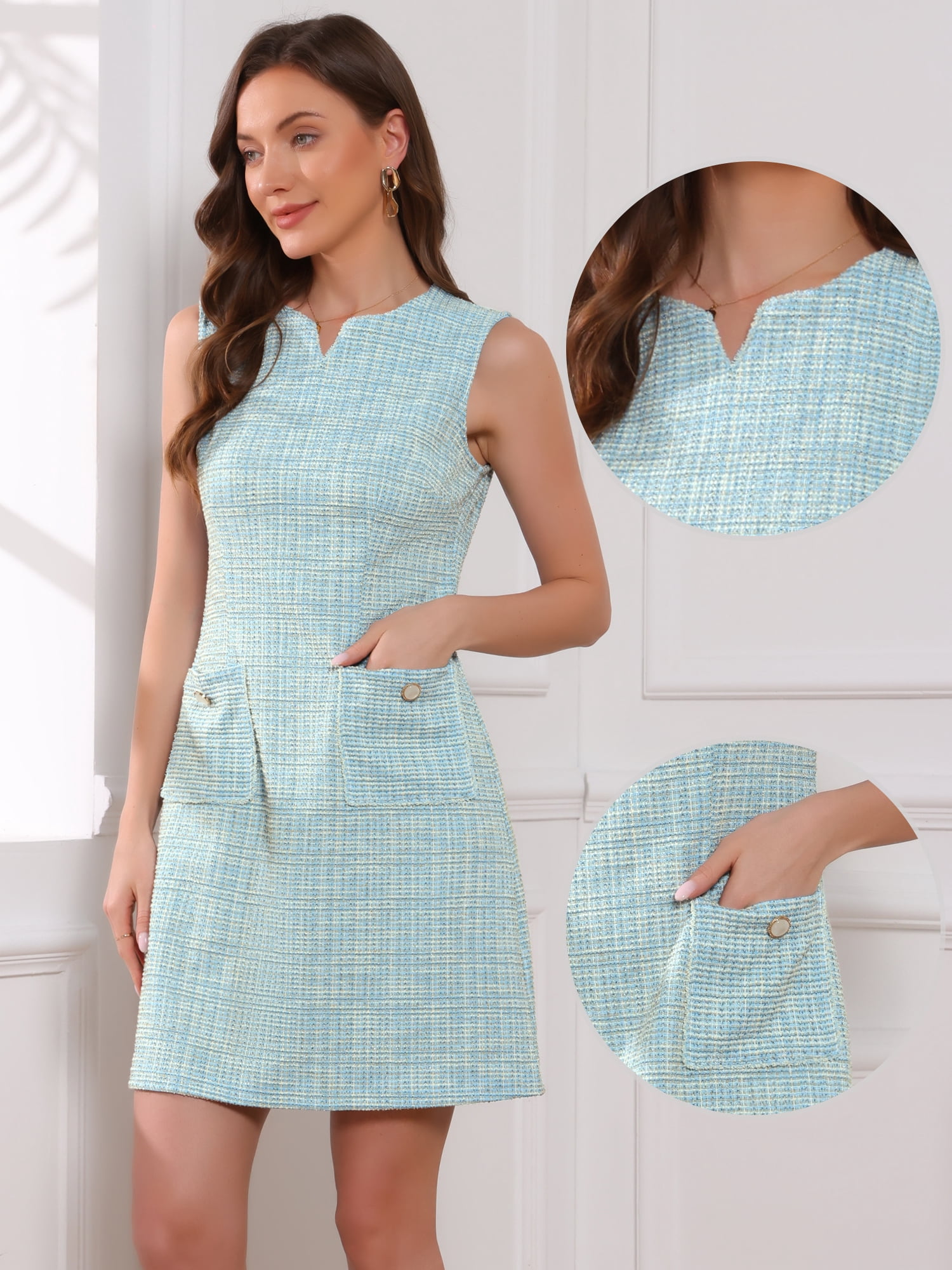 DARING DIVA Elegant Plaid Tank Dress Casual XL Blue Apricot Silver
