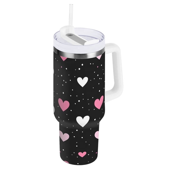 Ryvnso 40 oz Tumbler with Handle and Straw Valentine's Day Hearts Print Insulated Stainless Steel Travel Mug with Lid