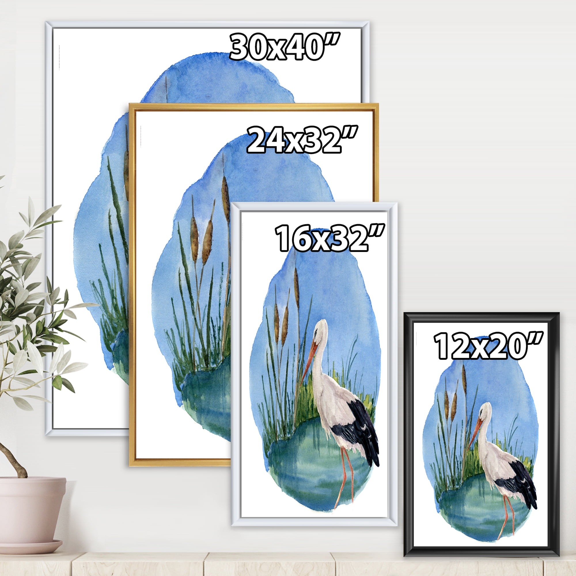 Designart 'White Stork On The Swamp Blue' Traditional Framed Canvas Wall Art Print