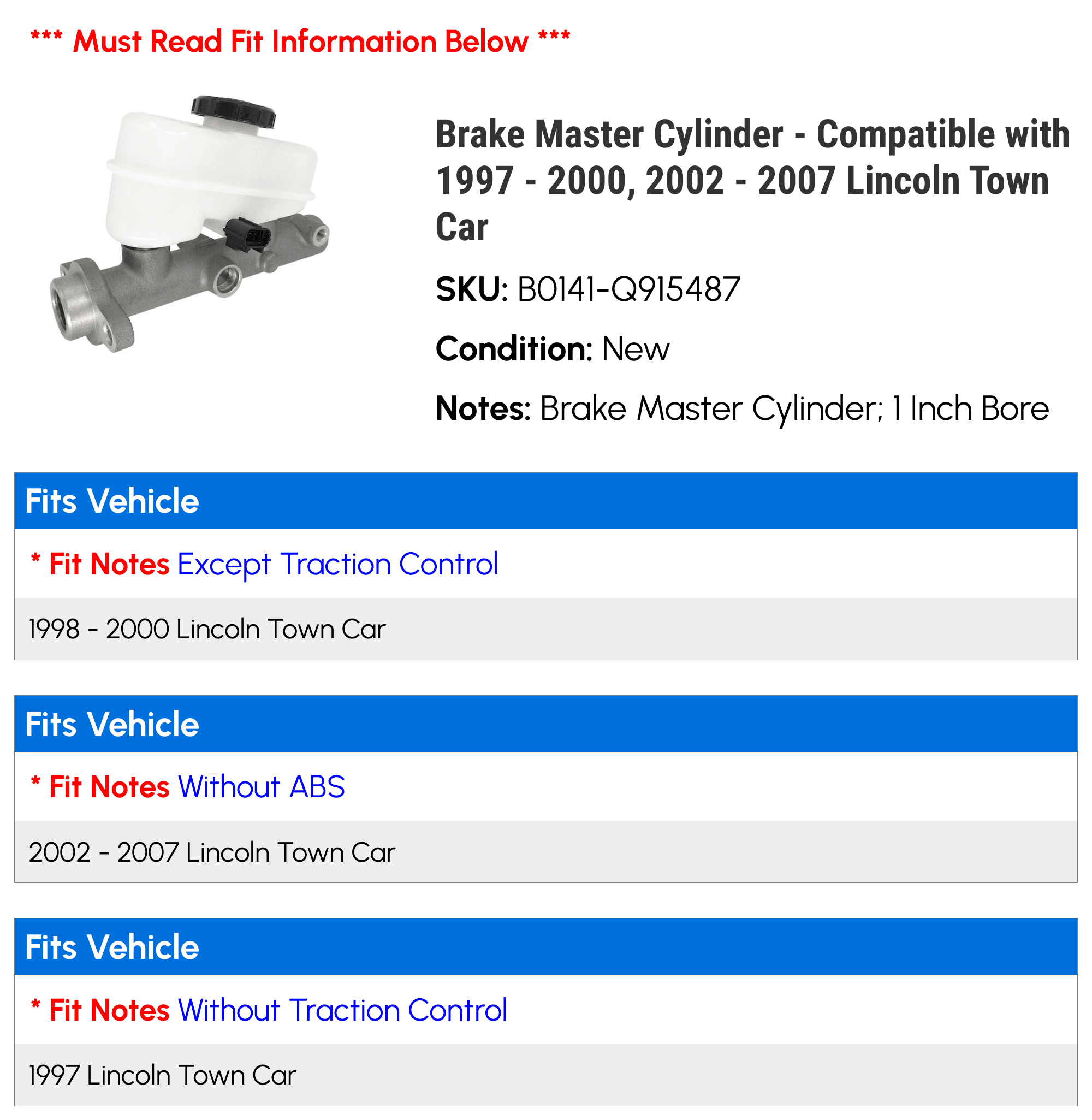 Brake Master Cylinder - Compatible with 1997 - 2000, 2002 - 2007 Lincoln Town Car 1998 1999 2003 2004 2005 2006
