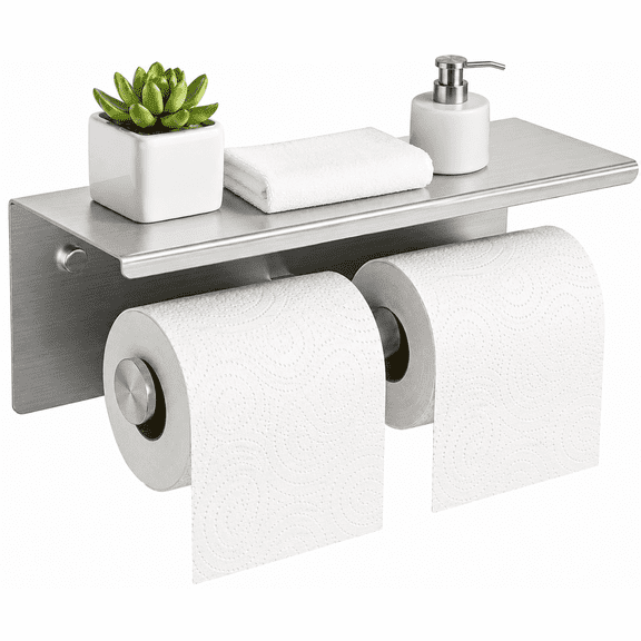 Double Toilet Paper Holder with Shelf, Brushed Nickel 304 Stainless Steel Wall Mounted Toilet Paper Roll Holder for Bathroom, Rustproof Tissue Holder with Phone Shelf