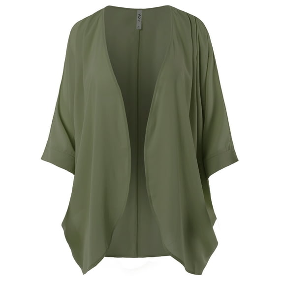 A2Y Women's Loose Fit Lightweight Open Front Woven Chiffon Cardigan Light Olive 1X