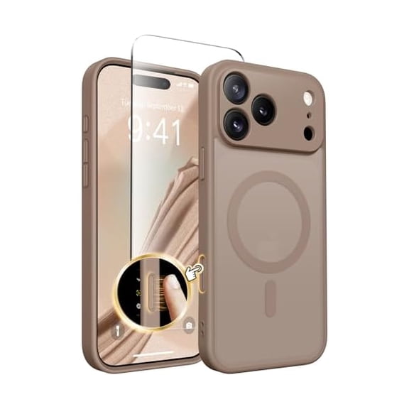 ZHU997 Magnetic for iPhone 17 Pro Max Case, Upgraded [Full Camera Protection] [Compatible with MagSafe] Protective Translucent Matte Women Girl Phone Case Cover, Withered Brown