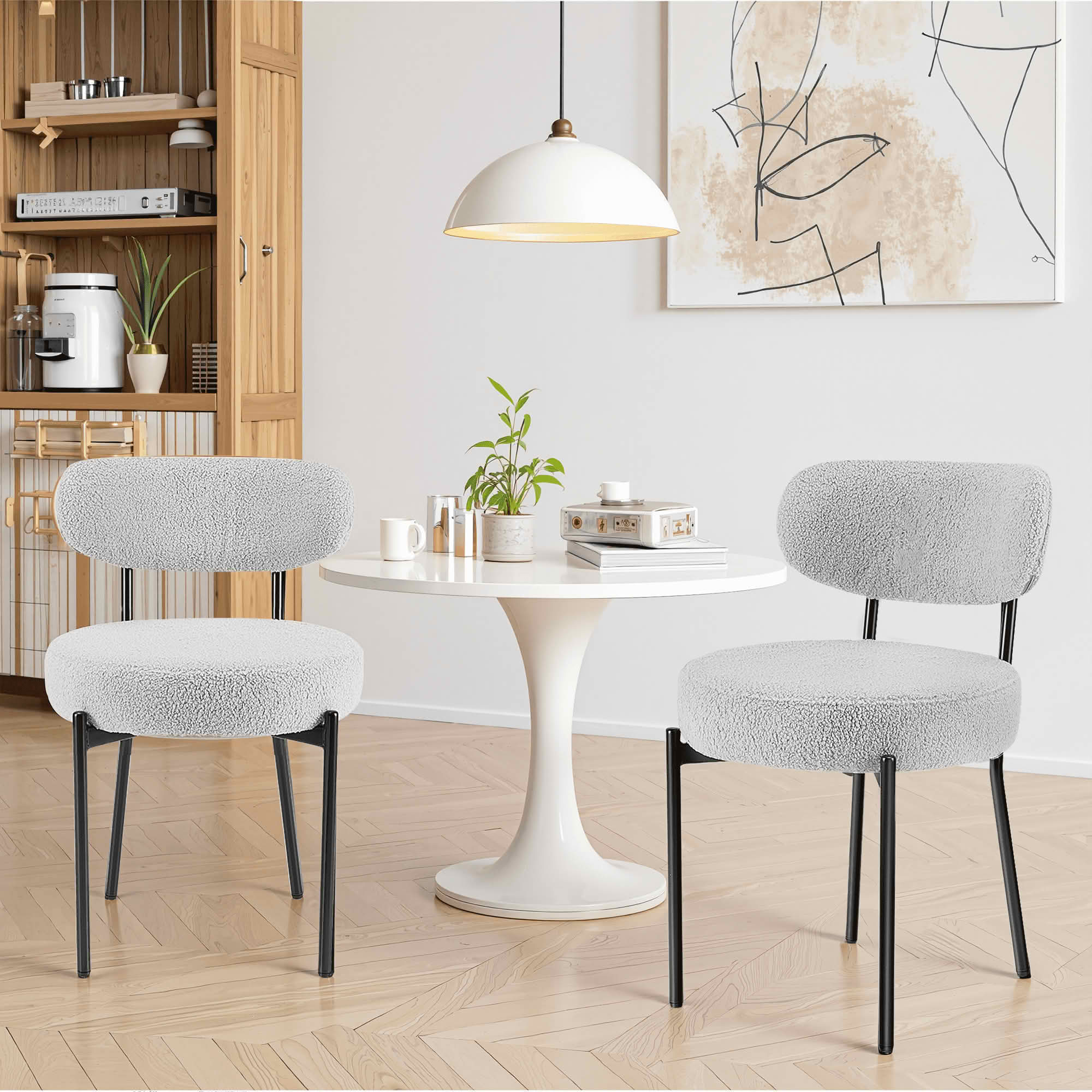 MAYEERTY Comfort Dining Chair White Seat Cushion Black Steel Frame Upholstered Backrest Dining Room Bedroom Set of 2