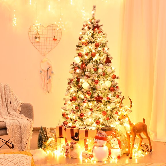 Costway 6ft Pre-Lit Premium Snow Flocked Hinged Artificial Christmas Tree w/ 250 Lights