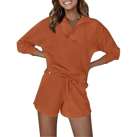 Abomasnow Lounge Sets for Women 2 Piece Ribbed Knit Pajama Outfits Casual Long Sleeve Lapel Tops and Drawstring Shorts