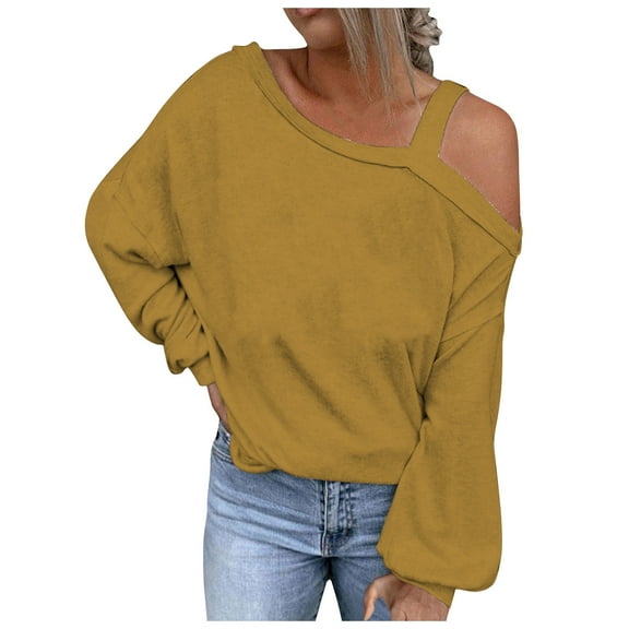 ShomPort Womens Fall Fashion Long Sleeve One Shoulder Tops Solid Color Lantern Long Sleeve Blouse Shirt