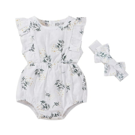 

SuoKom Baby Boys Girls Bodysuit Infants Pure Cotton Coverall Jumpsuit Fly Sleeve Flower Print Romper with Headband Suit Baby Clothes Essentials (0-24 Months)