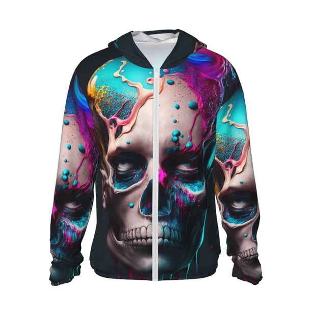 Fotbe Modern Abstract Colorful Skull B Chaqueta con Protección Solar UPF 50+ para Hombre y Mujer, Camisa con Capucha y Bolsillos-X-Large