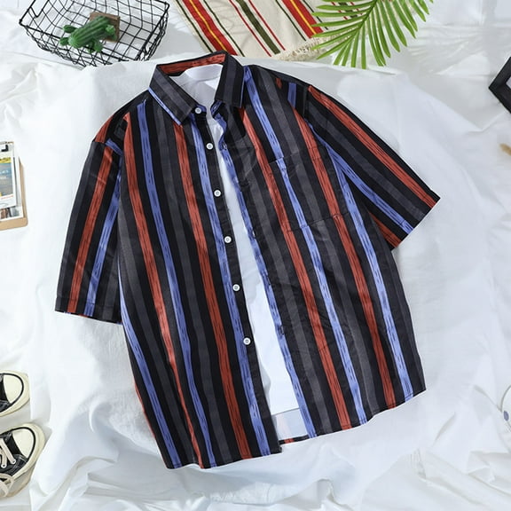 Fznquz Short Sleeve Hawaiian Shirt for Men Funny Summer Tee Shirts Button-Up Striped Casual Men Clothing