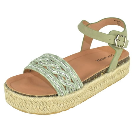 TOP MODA Shoes Women Platform Espadrille Sandals Ankle Strap Flat footbed Buckle up Bling Rhinestone ATHENS-1 Greem Khaki Mint 8