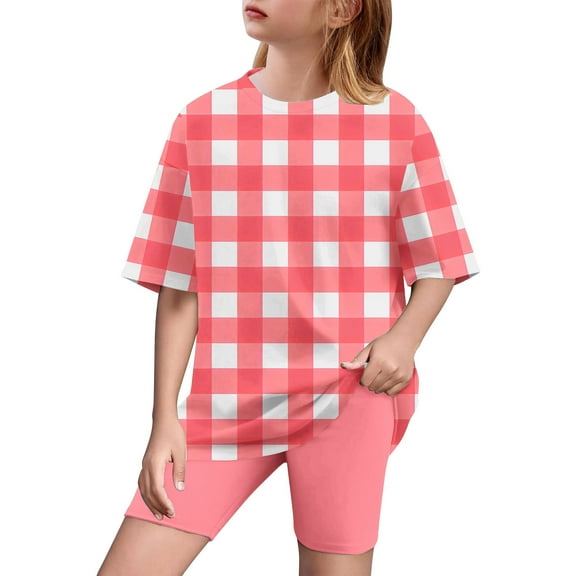 yillto Girls Summer Set Oversized Plaid Tee Tshirt and Biker Shorts Sets 2 Piece Tracksuit 5-15 Years