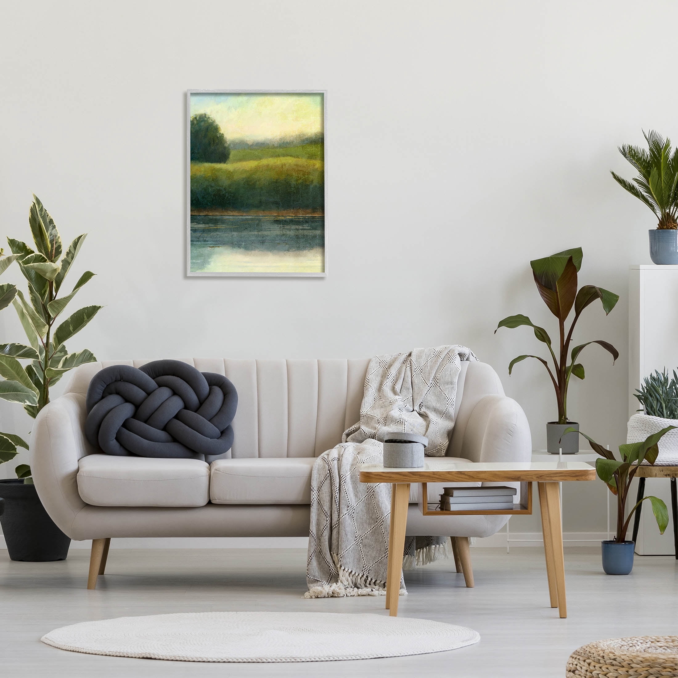 Rural Pond Grassland Nature Landscape Graphic Art Gray Framed Art Print Wall Art