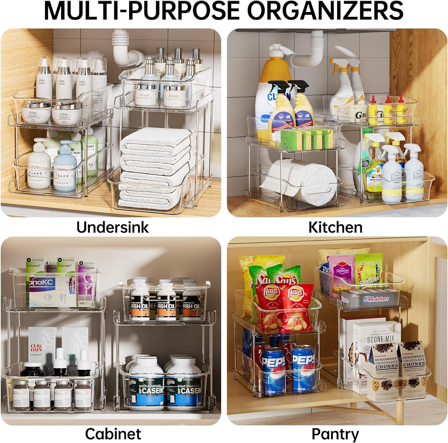 Delamu 2 Sets of 2-Tier Clear Under Sink Organizers and Storage,  Multi-Purpose Stackable Bathroom Cabinet organizers, Pull Out Kitchen  Pantry