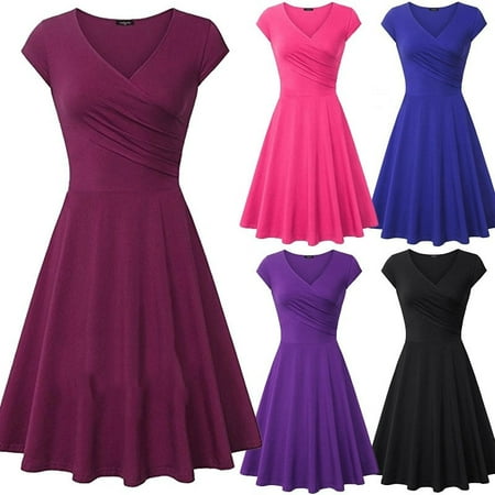 - Women Fashion Slim Tunic Dress Solid Color Short Sleeve V-neck Knee Length Short Dress A-line Pleated Party Dress