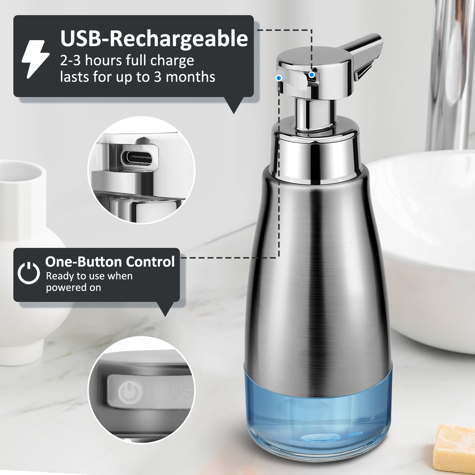 Blancel Automatic Soap Dispenser Liquid Touchless Stainless Steel 3 Level Adjustable Silver Rechargeable Electric Bathroom Kitchen Hand Dish Lotion