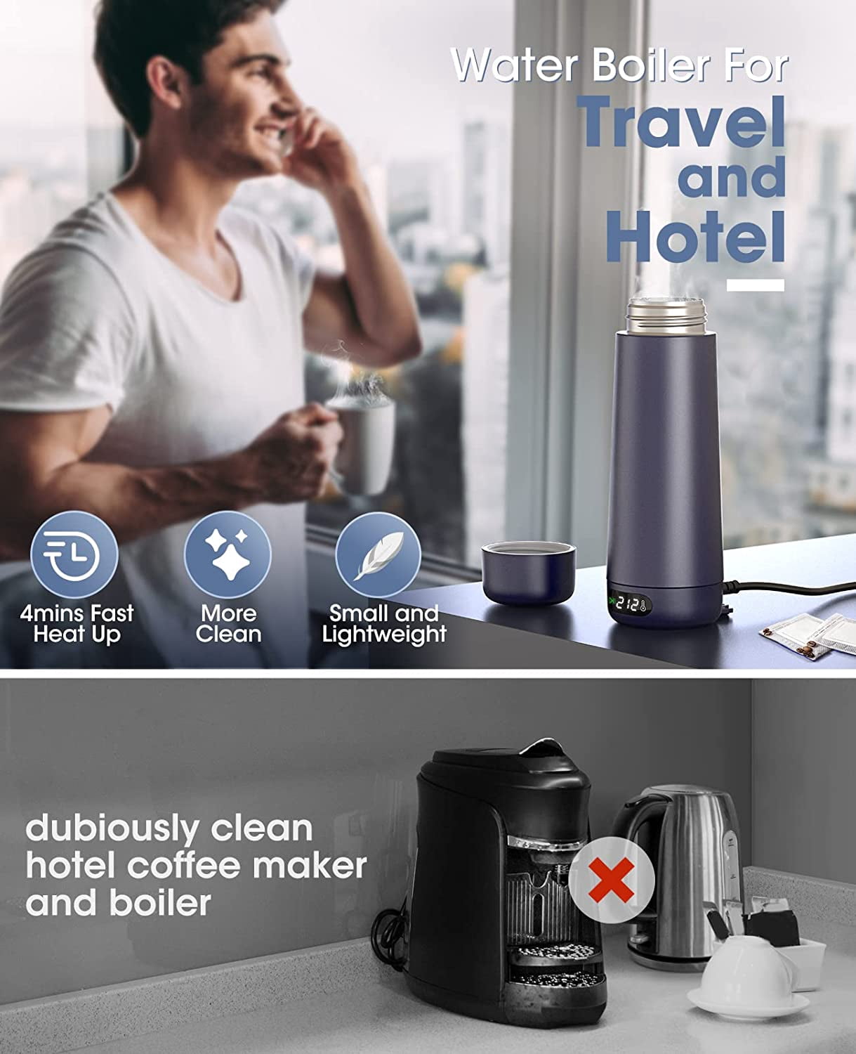 Travel Kettle, Dual Voltage Portable Electric Kettle 110V-220V-240V Smart Small Water Boiler 370ML for Tea & Coffee, 316 Stainless Steel, 6 Temperature Control and LCD Display, Global Use