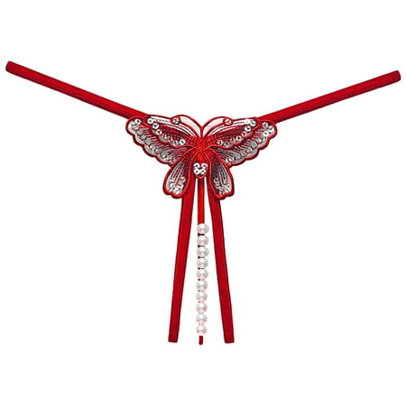 Women s Panties Red Lace Thongs Pearl Thong Sexy Micro Underpant One Size
