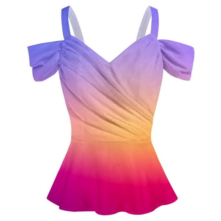 

JDEFEG 2X Camisole Women Summer Casual Off Shoulder One Shoulder V Neck Sling Cropped Top Gradient Printed Pleated Top Top 3X Lingerie for Women Polyester Spandex Purple M