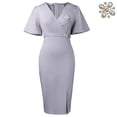 thumbnail image 4 of AURA Womens V Neck Pencil Midi Dress Lantern Short Sleeve High Waist Slit Elegant Work Office Summer Dress with Brooch, 4 of 5