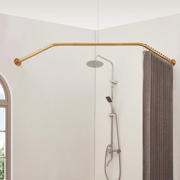 Corner Shower Curtain Rod, Diamond Shaped [Both Sides: 22"-34.8", Middle: 28"/43.7"/12.2"] Heavy Duty NEO Angle Shower Curtain Pole for Bathroom Bathtub with 12 Hooks & Ceiling Support - Gold