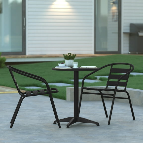 Emma   Oliver 3-Piece Aluminum Outdoor Bistro Set with Round Table and 2 Slat Back Chairs, Black