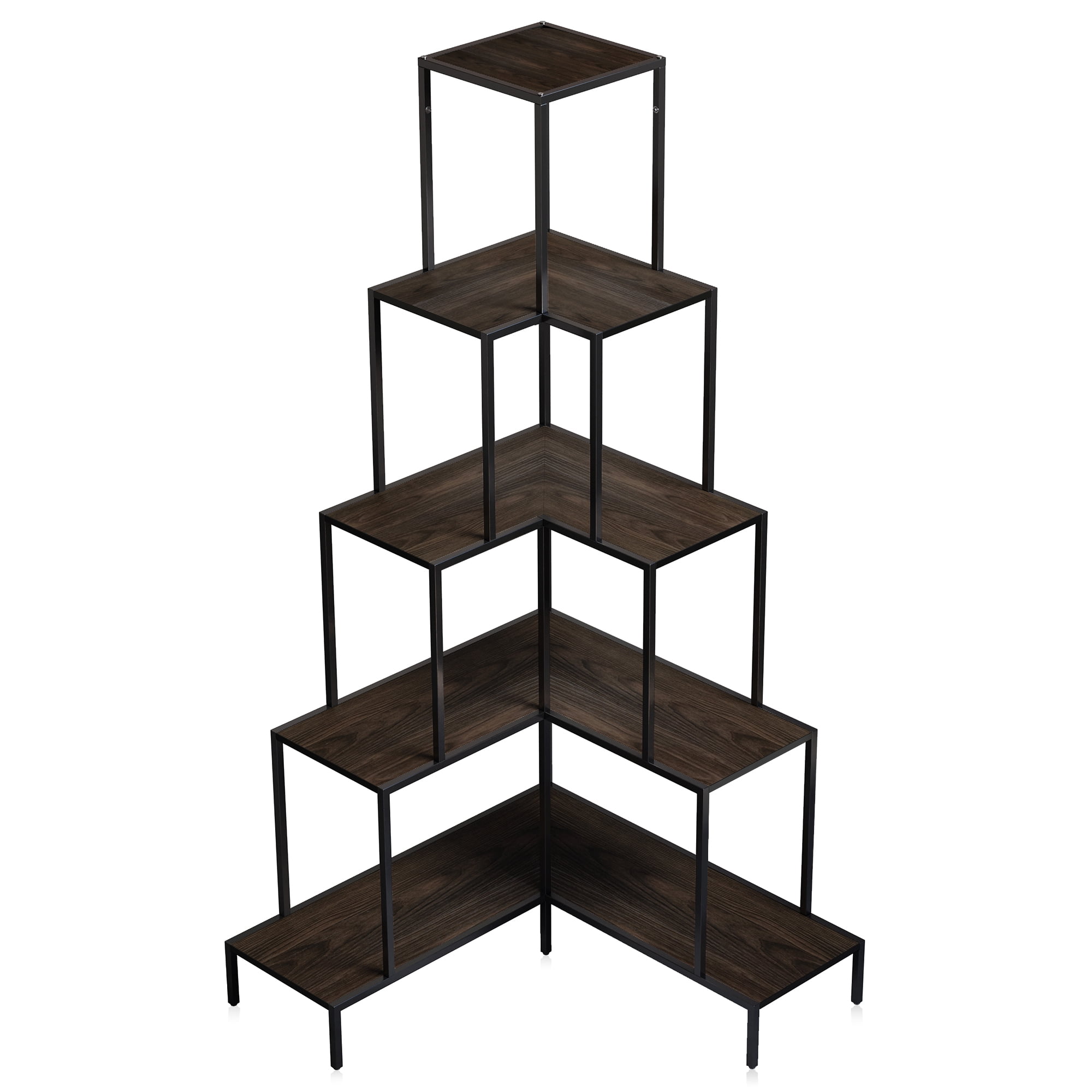 BELLEZE 5-Tier Corner Bookshelf with RGB Light, Remote Control Multiple Lighting Modes and Colors, 66" Tall L-Shaped Bookcase, Storage & Display Rack for Living Room, Courtyard and Home Office - Gray
