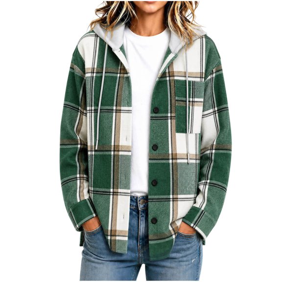Bzdzmqm Womens Fall Winter Hooded Plaid Shacket Button Down Casual Loose Long Sleeve Oversized Coat for Women Trendy Outerwear with Pockets for Daily Wear, Green M