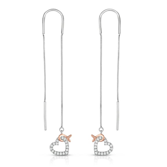 Natalia Drake 1/5 Cttw Diamond Pink Ribbon and Heart Dangle Threader Earrings for Women in Rhodium Plated Sterling Silver