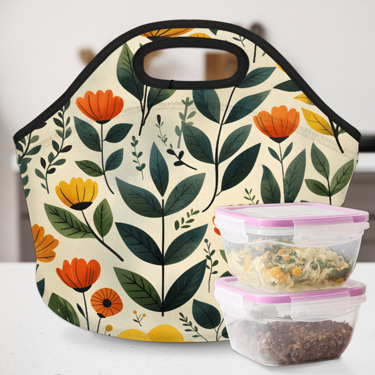 Herdesigns Floral Neoprene Lunch Bag, Wildflowers Insulated Lunch Box for Women Men Washable Lunch Tote Soft Lunch Container With Zipper for Work Picnic Travel
