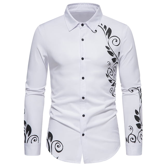camisa de manga larga con estampado de botones casuales a la moda para hombre odeerbi odb179598 Camisa blanca entallada con botonadura frontal y cuello clásico; motivos florales negros estampados en hombro derecho, costado izquierdo y puños. Tejido liso 95% poliéster, 5% elastano, para uso informal en otoño-invierno; ideal para llevar sobre una camiseta en salidas casuales.