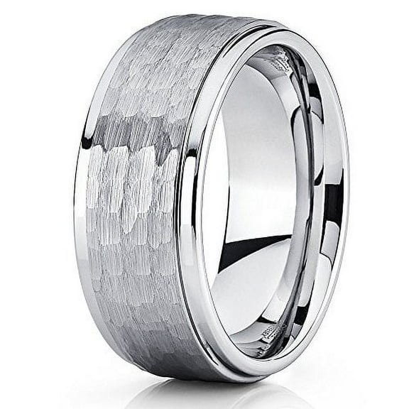 Hammered Tungsten Ring Silver Tungsten Wedding Band Brushed Gray Tungsten Ring 9mm Tungsten Carbide Ring Men & Women
