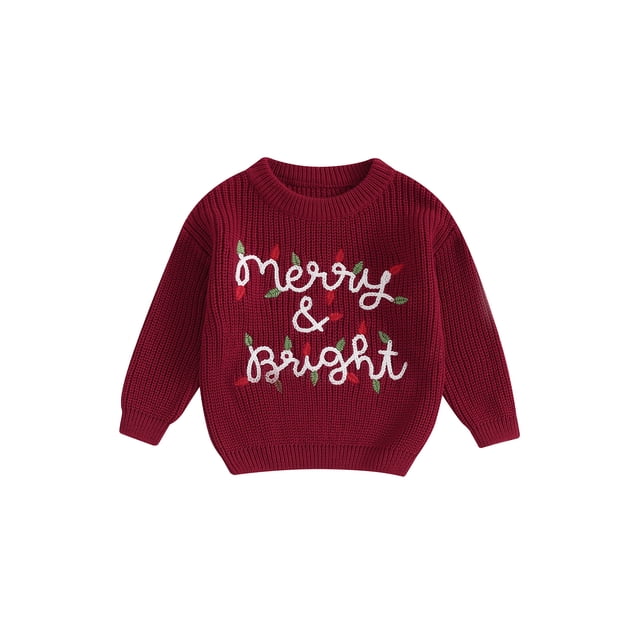 Gupgi Christmas Baby Sweaters Infant Kids Letter Light String Embroidery Long Sleeve Crew Neck Knit Pullovers 0-3 Years