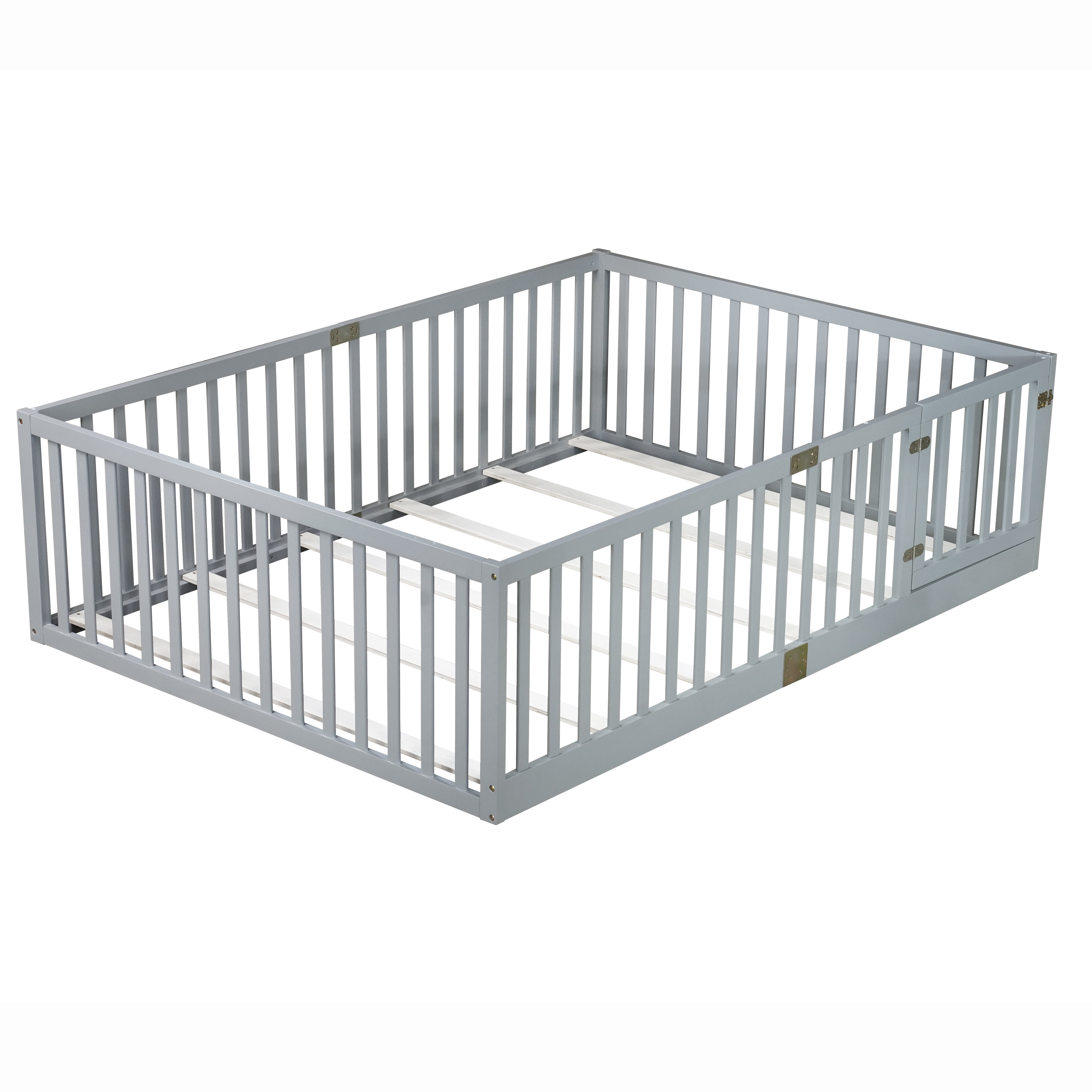 Holaki Wood Full Size Floor Bed with High Fence Railings for Kids, Gray