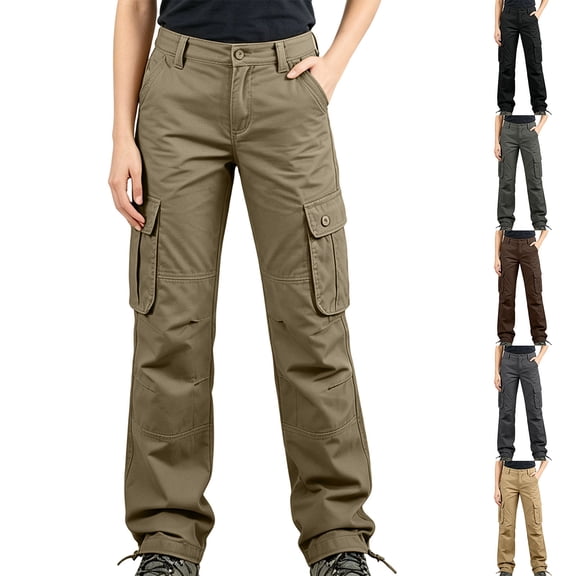 Women's Cargo Pants, Straight Leg Solid Trousers with Multi Pockets, Casual Long Pants for Work Outdoor Hiking Wear | VerBelle,Army Green L