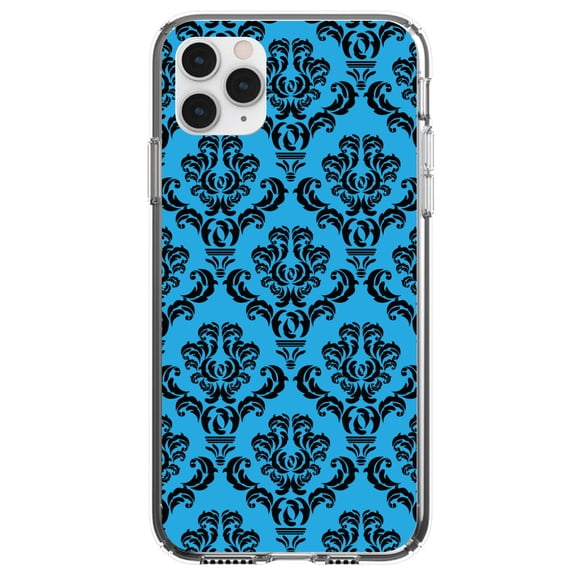 DistinctInk Clear Shockproof Hybrid Case for iPhone 13 PRO (6.1" Screen) - TPU Bumper, Acrylic Back, Tempered Glass Screen Protector - Blue Black Damask Pattern - Floral Damask Pattern