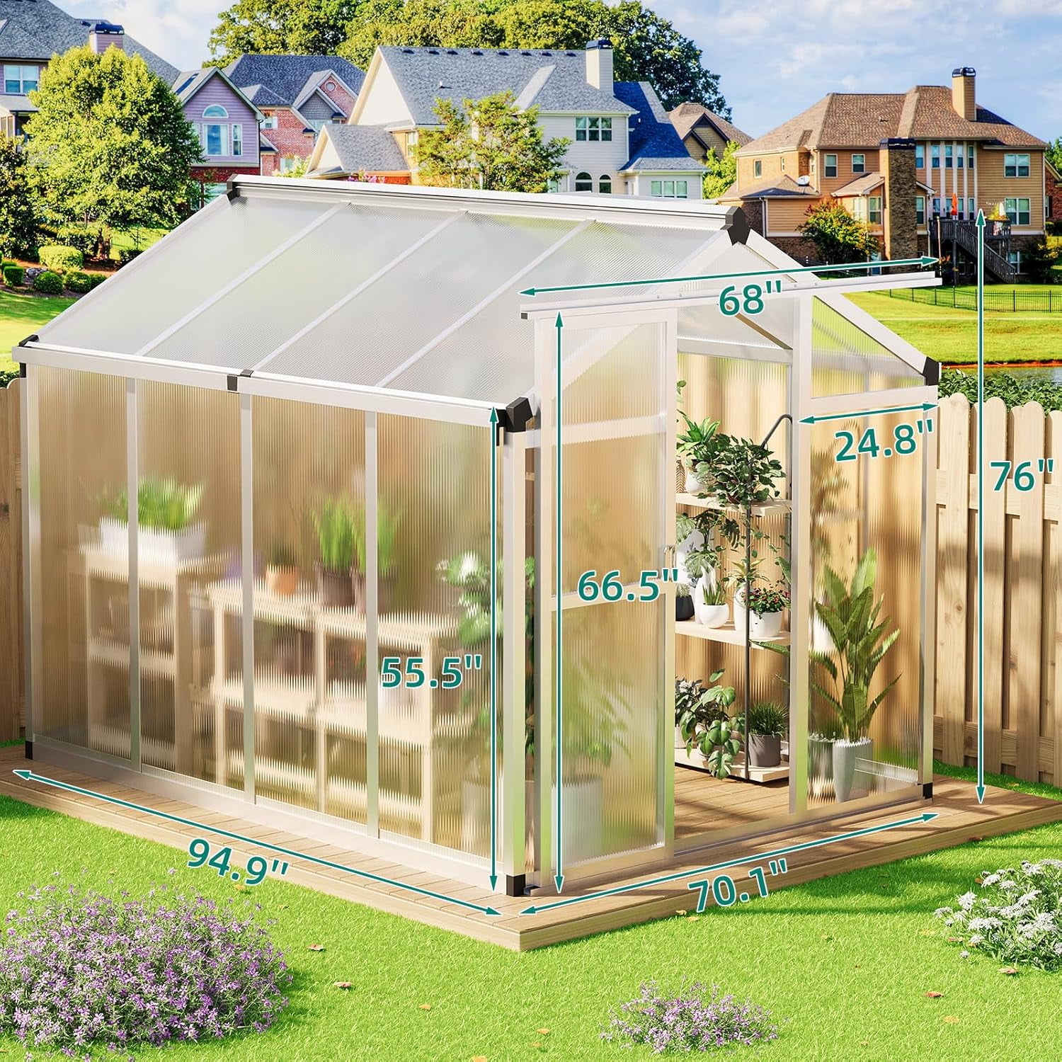 6' x 8' Walk-in Greenhouse with Roof Vent,Heavy Polycarbonate Aluminum Greenhouse for Winter Garden,Backyard,Patio,Lawn,Easy Assembly