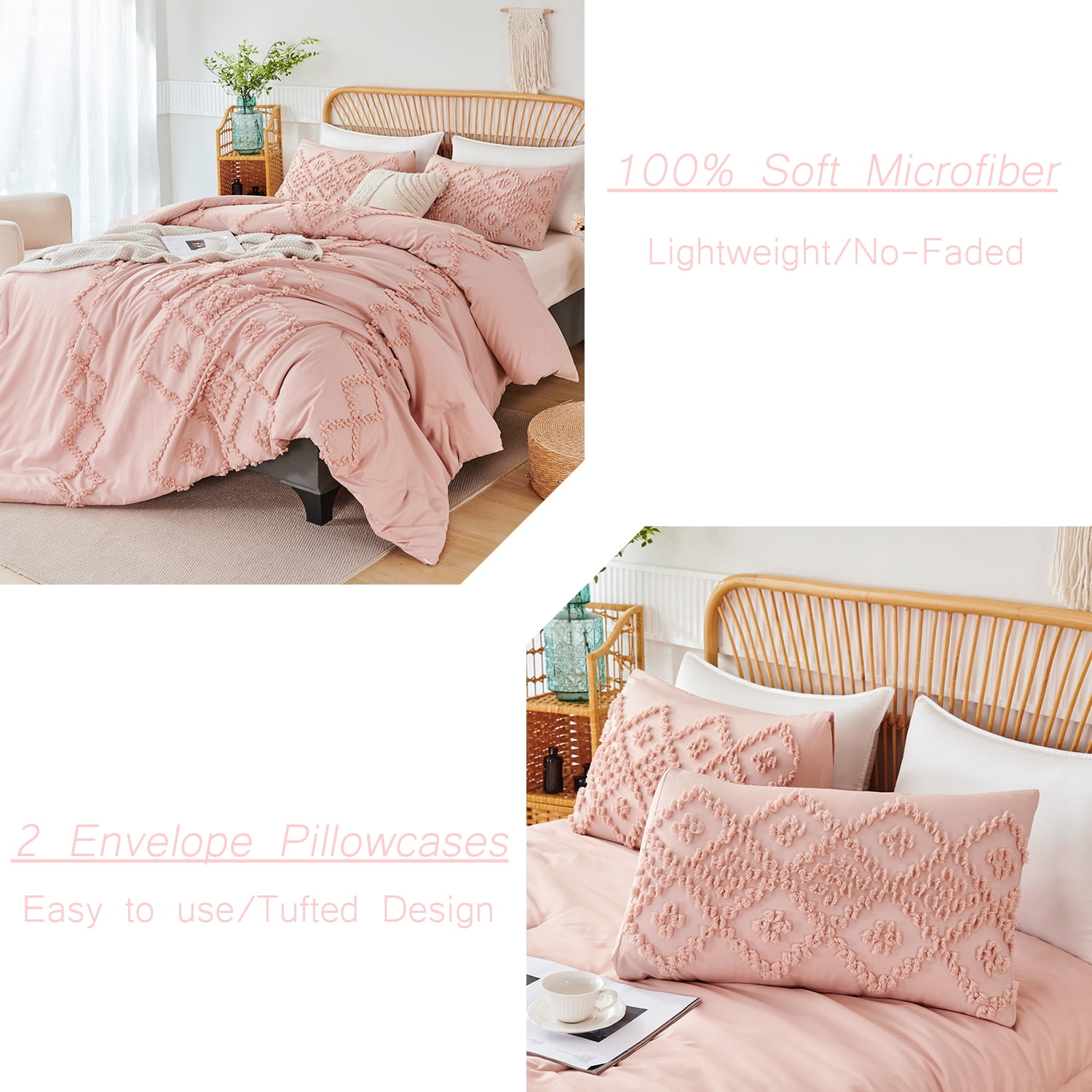 RYNGHIPY Jacquard Tufts Bedding Set Pink King 3 Pcs Farmhouse Style Geometric Solid Blush Comforter Set with Pillowcases Lightweight Microfiber (King, Pink)