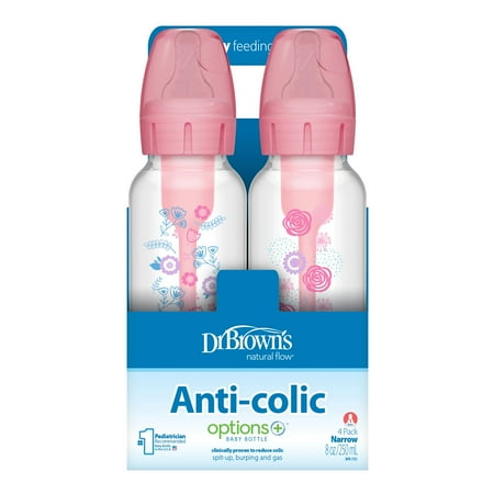 Dr. Brown's Anti-Colic Options  Narrow Baby Bottle, Pink Floral, 8oz, 0m , 4 Pack