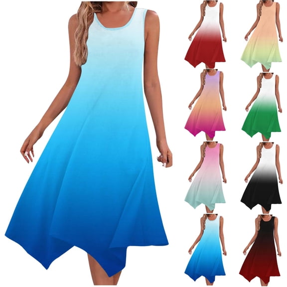 Antinious Women Sleeveless Round Neck Gradient Casual Asymmetric A-Line Long Summer Dress