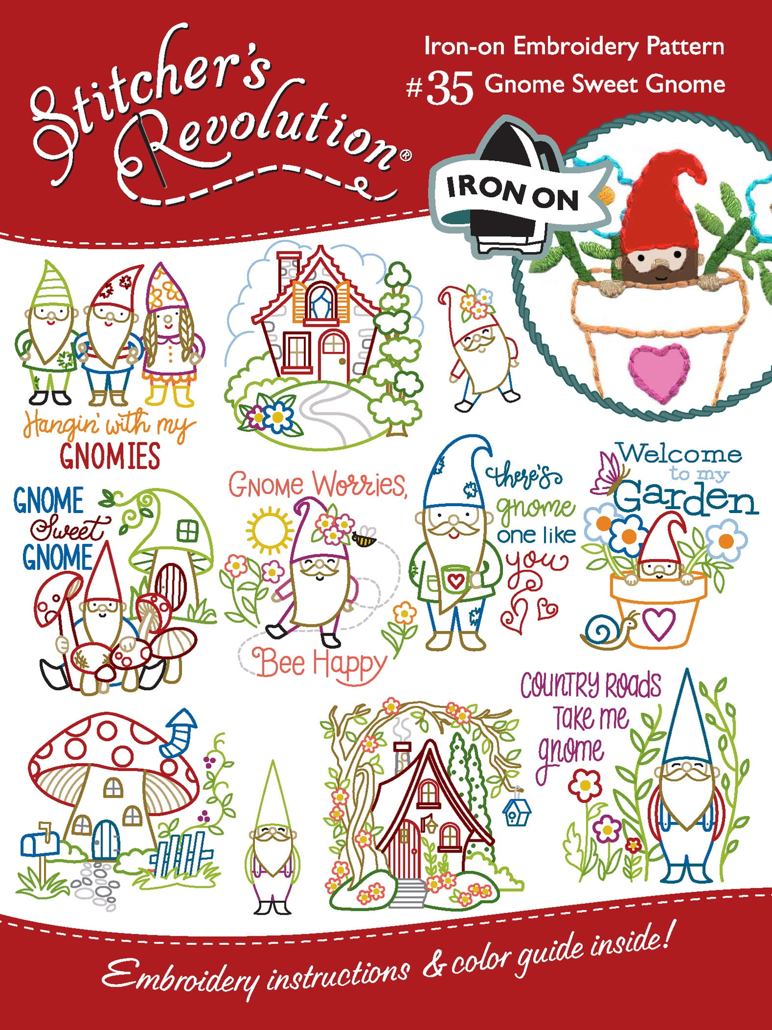 (3 pack) Stitcher's Revolution Gnome Sweet Gnome Iron On Transfer Embroidery Pattern, 9 Designs