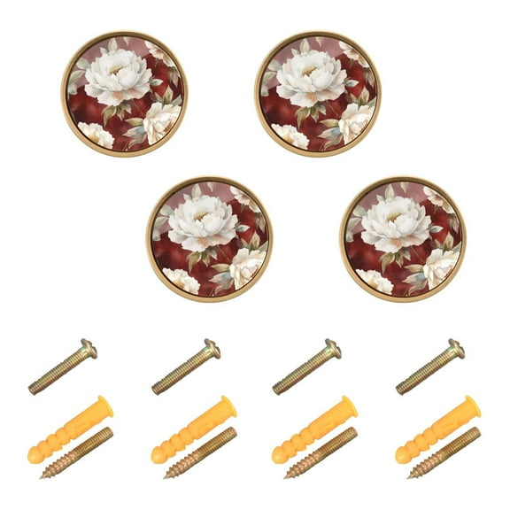 Qxltty Elegant Peony Cabinet Knobs Kitchen Drawer Knobs Round Door Pulls Dressing Table Wardrobe Closet Knob Handles Decorative Set of 4