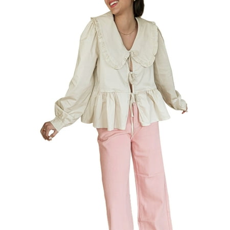 Tasdouyy Women Plaid Bow Tie Front Shirt Top Cute Puff Sleeve Y2K Peplum Ruffle Babydoll Blouse Lace Up Summer Going Out