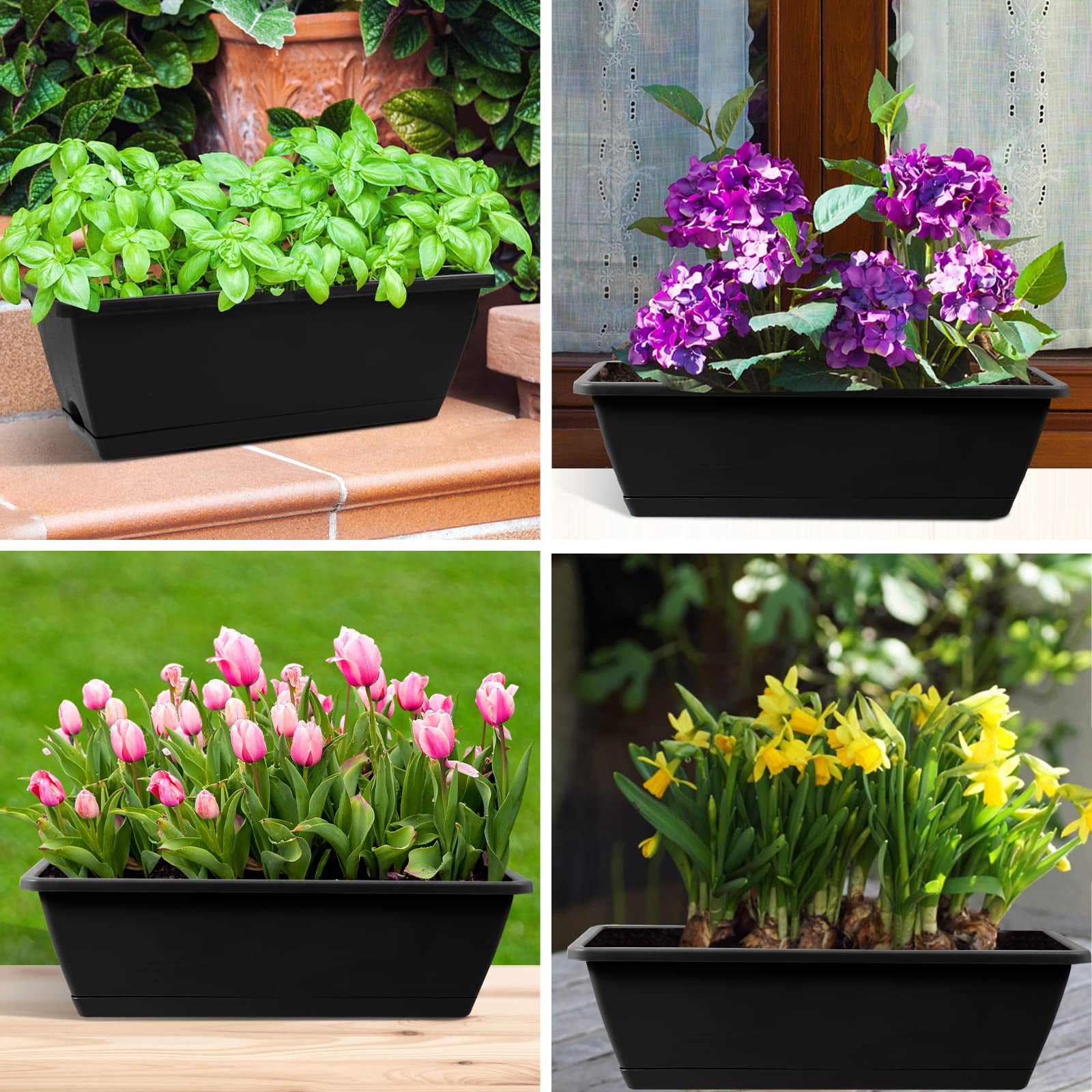 8pcs Window Box Planter, 17 Inches Flower Window Boxes, Rectangle Planters Box with Drainage Holes and Trays, Plastic Vegetable Planters for Windowsill Patio Garden Home Decor Porch Yard (Grey)