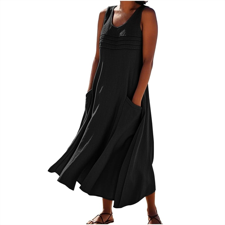 Womens Plus Size Dresses Women's Cotton and Linen Dress Long Sleeveless  Solid Color Dress with Pocket Skirt Black S - Walmart.com