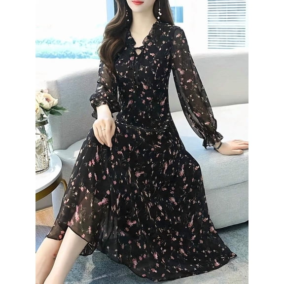 Women's Floral Chiffon Dress, V-Neck Tie Long Sleeve Midi Dress, Elegant Waist-Cinching Dress, Women's Dress