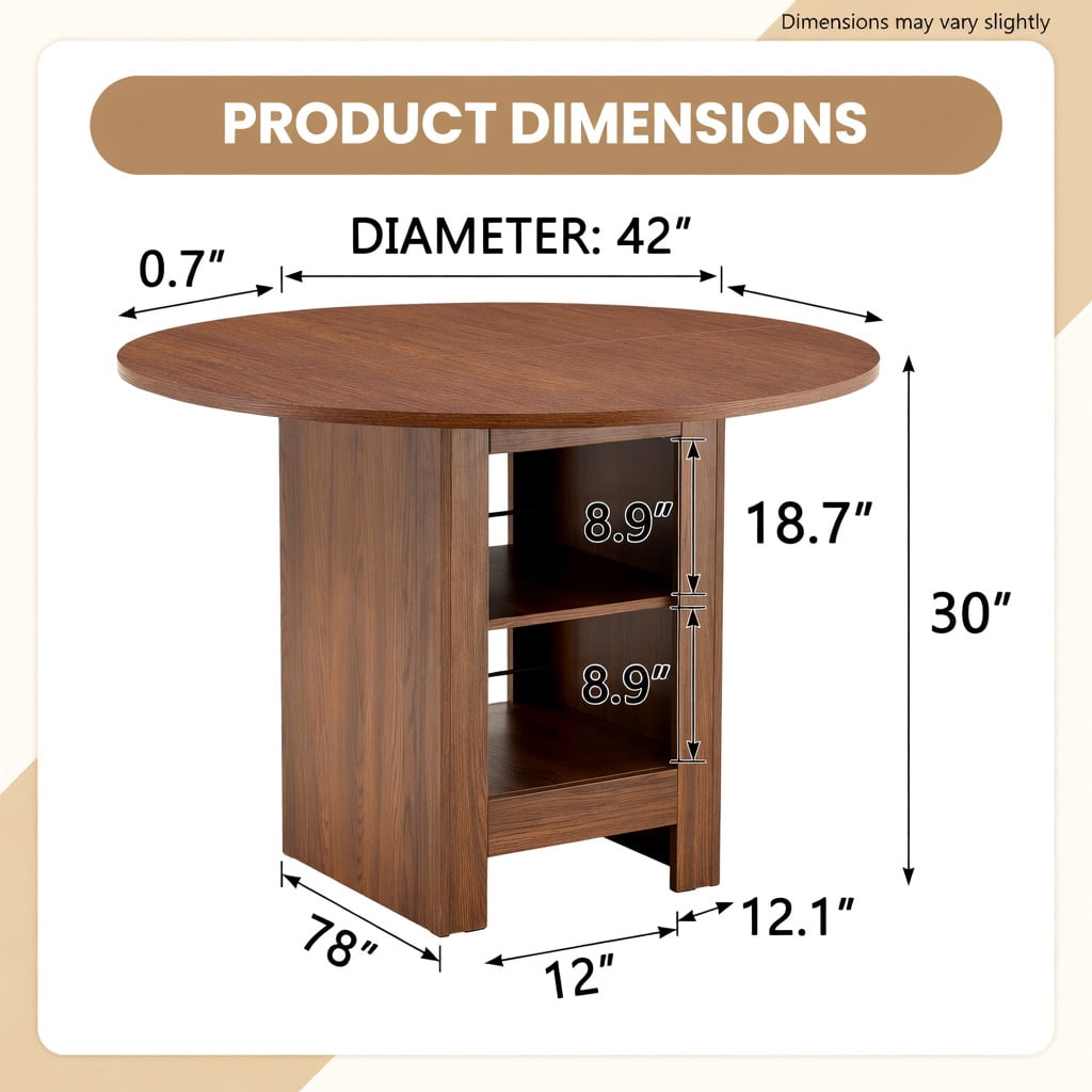 Hommoo 42" Round MDF Dining Table with Dual-Tier Storage Shelves, 30" Height, Non-Slip Pads, Modern Farmhouse Style for Kitchens & Small Apartments, Walnut